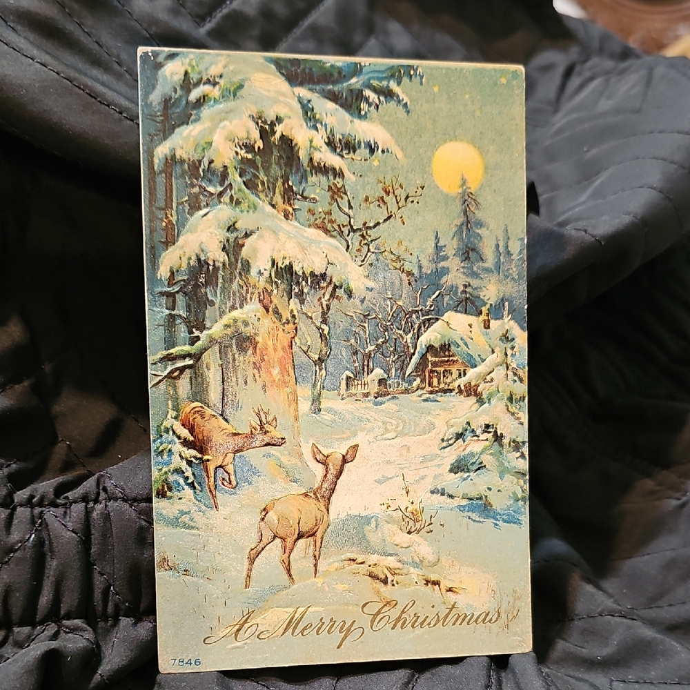 Vintage Christmas Card with Deer and Snowy Scene